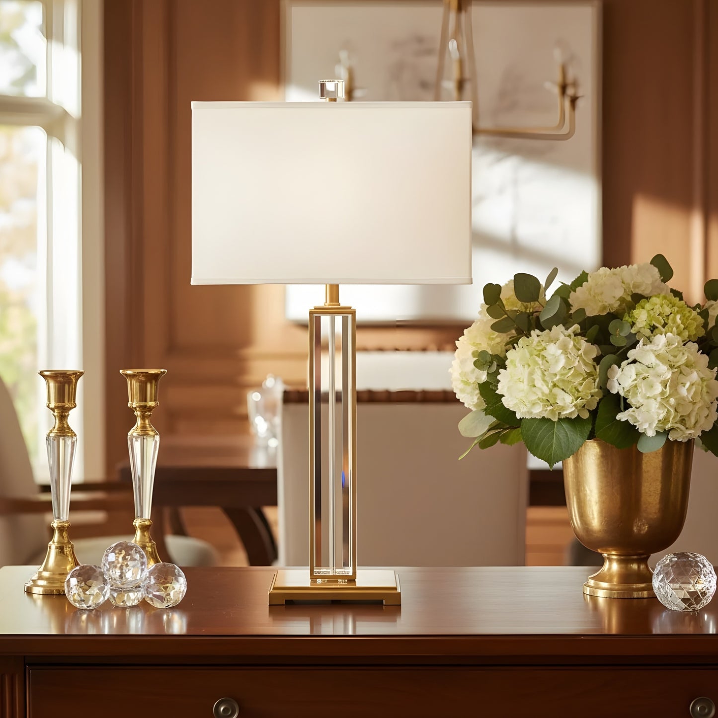 Crystal and antique Brass Table Lamp on a wood dresser.