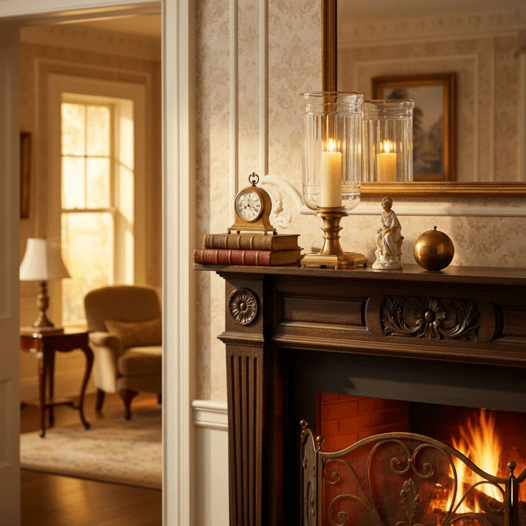 Decorative mantelpiece with a hurricane lamp, books, and a clock in front of a fireplace.