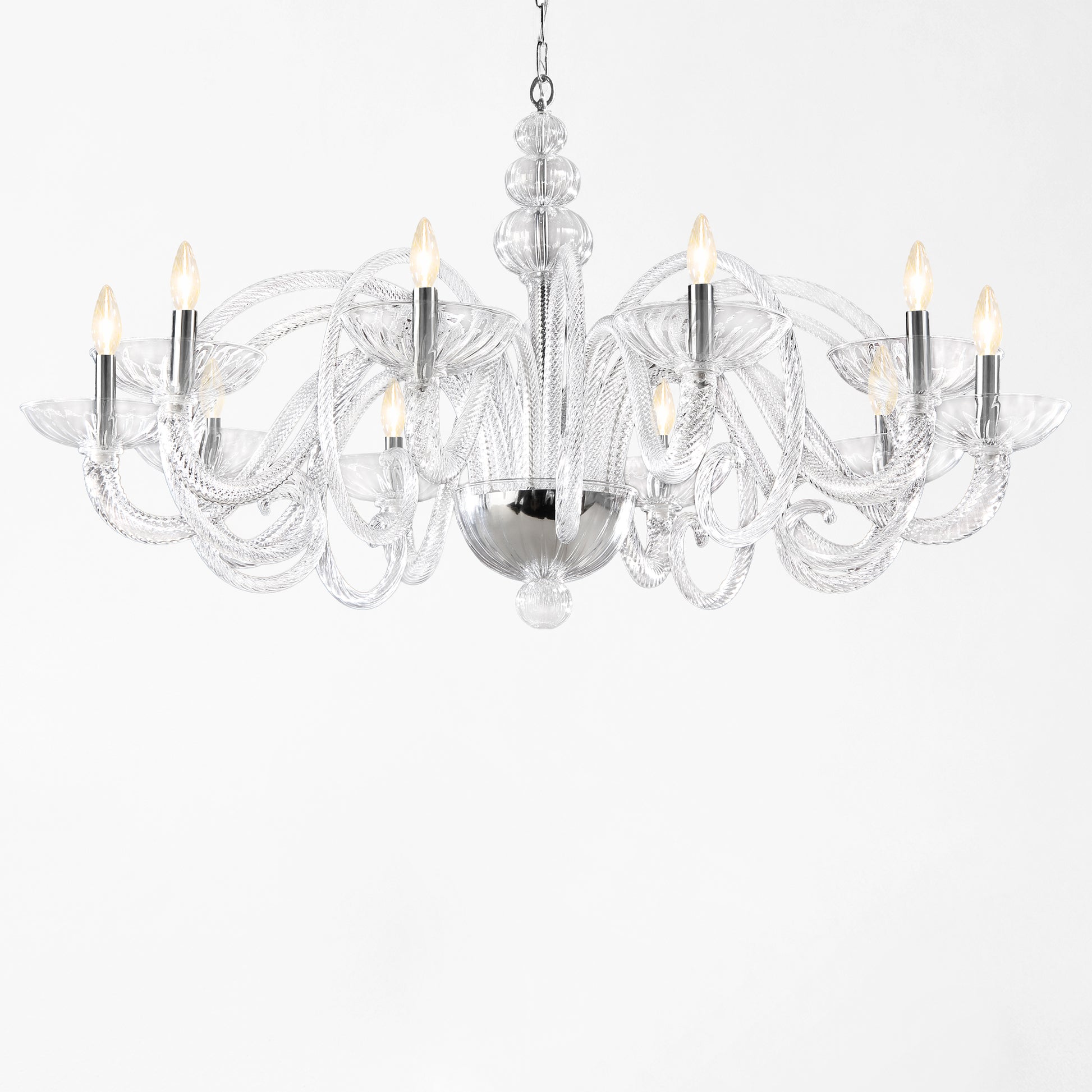 Ornate clear Murano glass chandelier with nickel hardware.