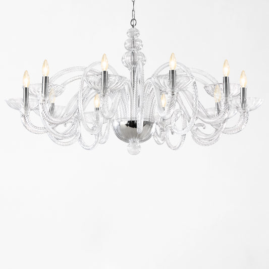 Ornate clear Murano glass chandelier with nickel hardware.