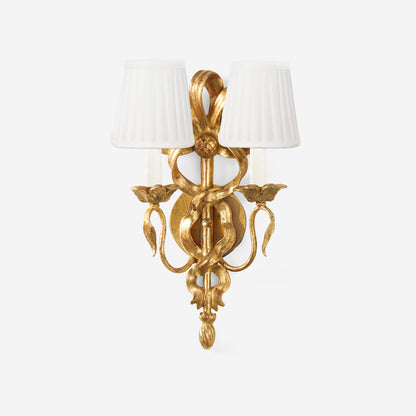 Traditional gold luxury sconce with white pleated shades.