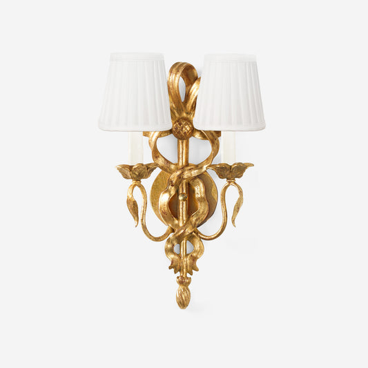 Traditional gold luxury sconce with white pleated shades.