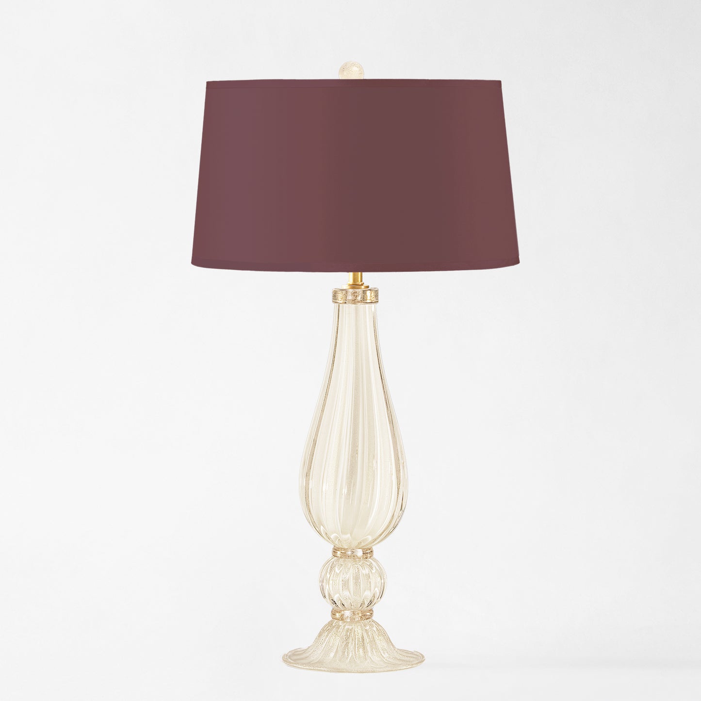 White Murano glass table lamp with burgundy lamp shade.