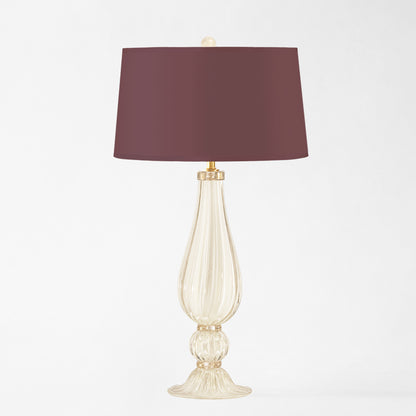 White Murano glass table lamp with burgundy lamp shade.
