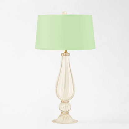 White Murano glass table lamp with light green lamp shade.