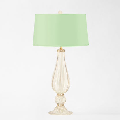 White Murano glass table lamp with light green lamp shade.