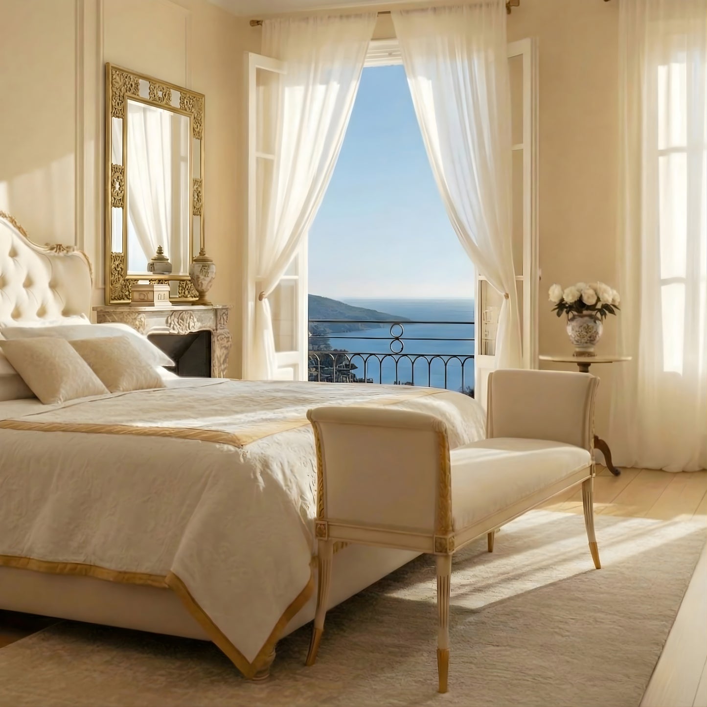 An antique white wooden Italian bench in a white bedroom with a gold mirror hanging off of the wall.