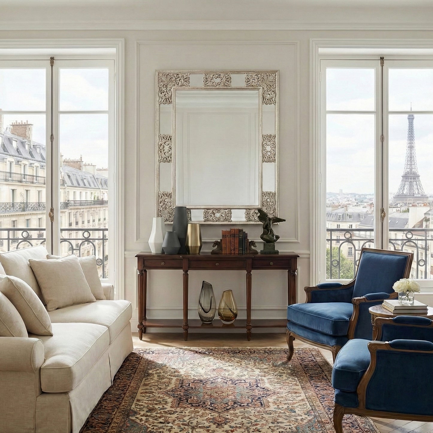 Luxurious living room with a large Italian mirror, sofa, and armchairs in a cityscape setting.