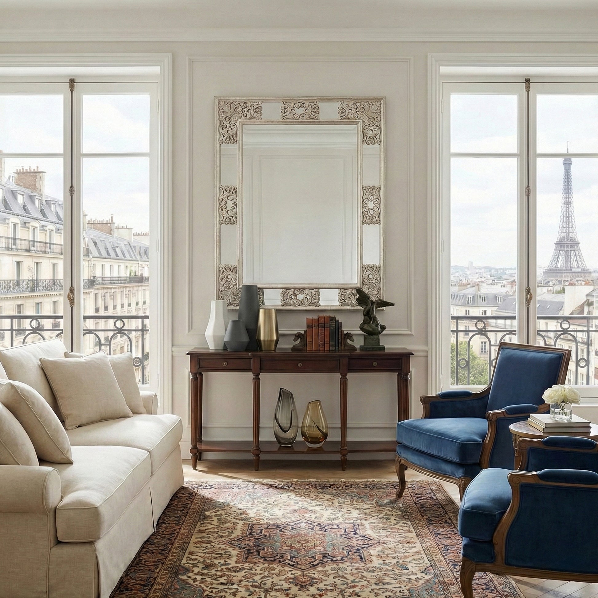 Luxurious living room with a large Italian mirror, sofa, and armchairs in a cityscape setting.