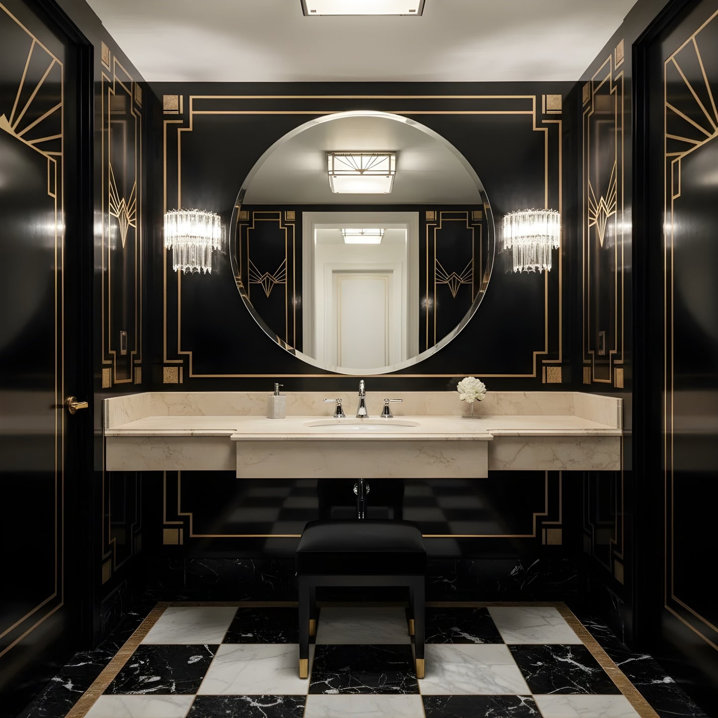Luxurious bathroom with polished nickel sconces, marble floor, and round mirror.