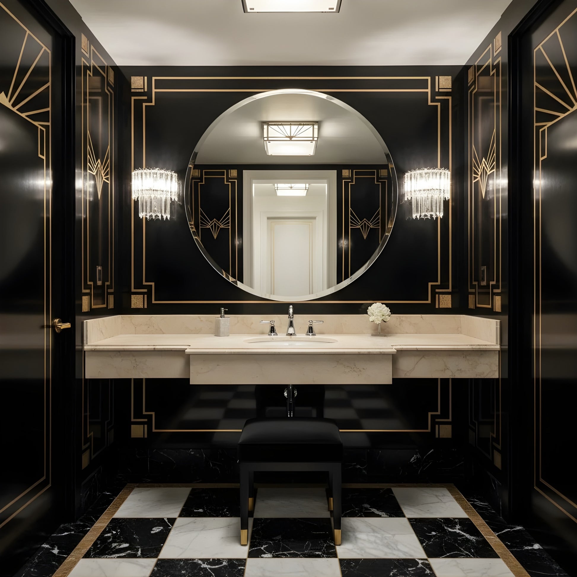 Luxurious bathroom with polished nickel sconces, marble floor, and round mirror.