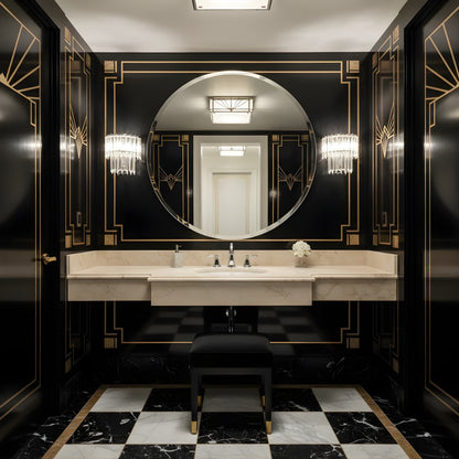 Luxurious bathroom with polished nickel sconces, marble floor, and round mirror.