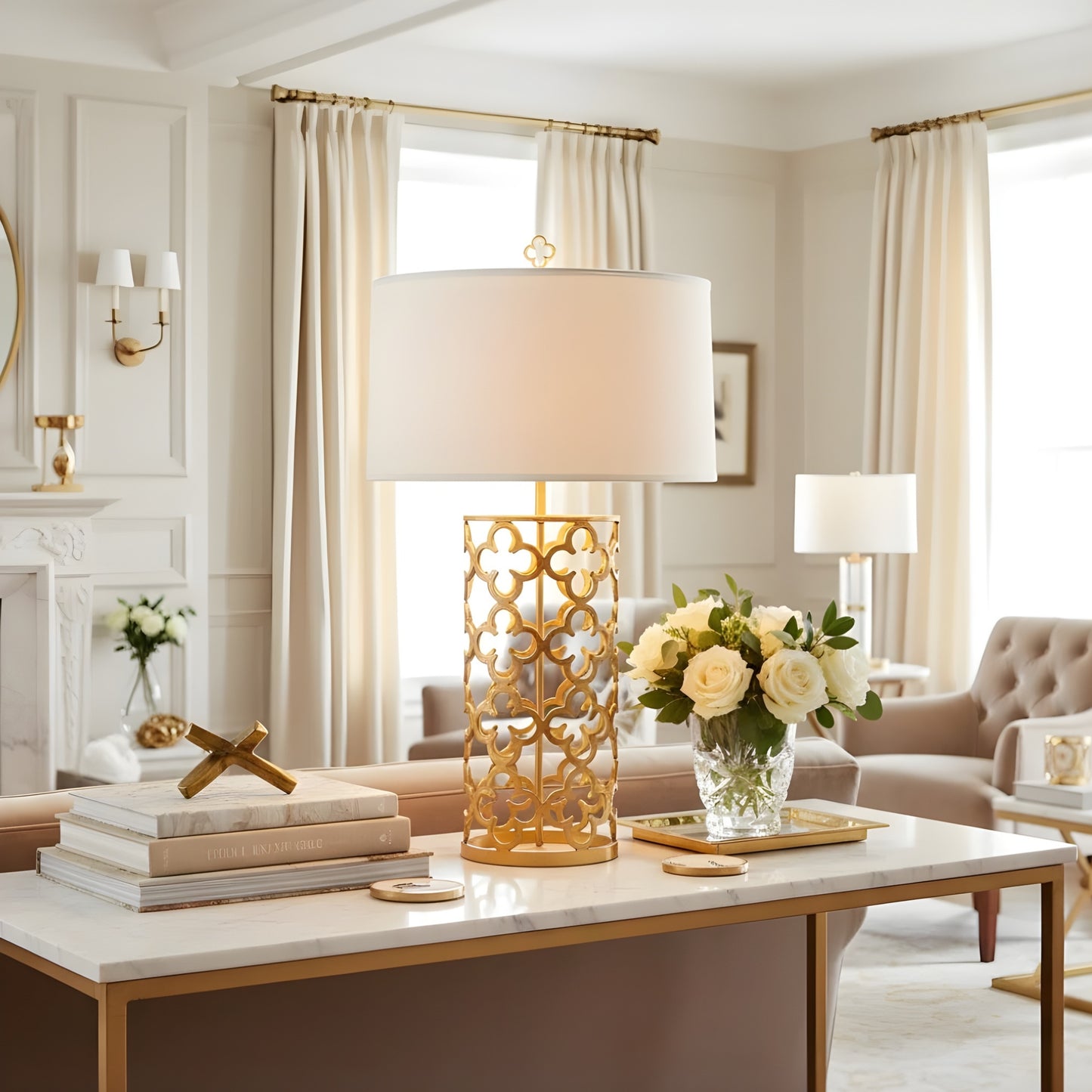 A gold leaf table lamp in a living room setting.
