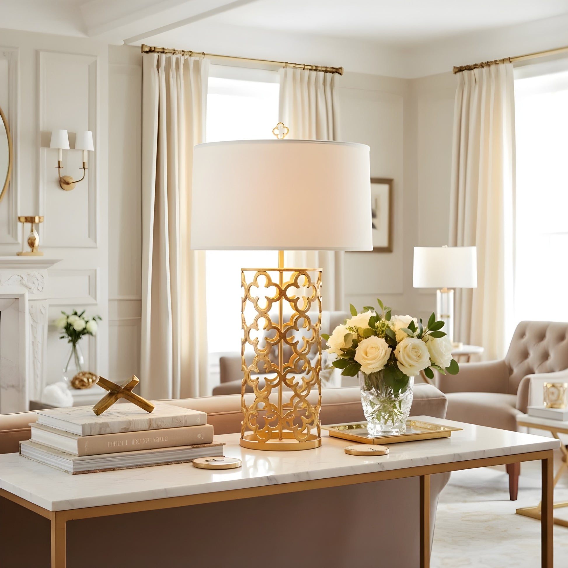 A gold leaf table lamp in a living room setting.