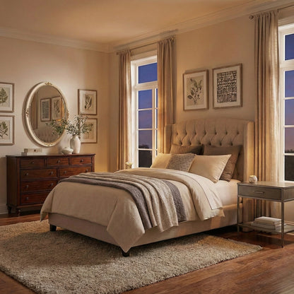 An antiqued hand carved gold-leaf white Italian mirror in a bedroom setting during evening.