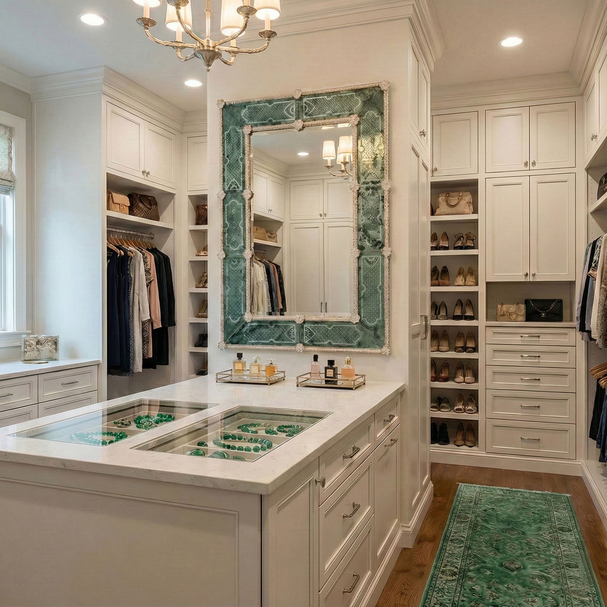 Green hand-made Murano glass mirror in a walk-in closet