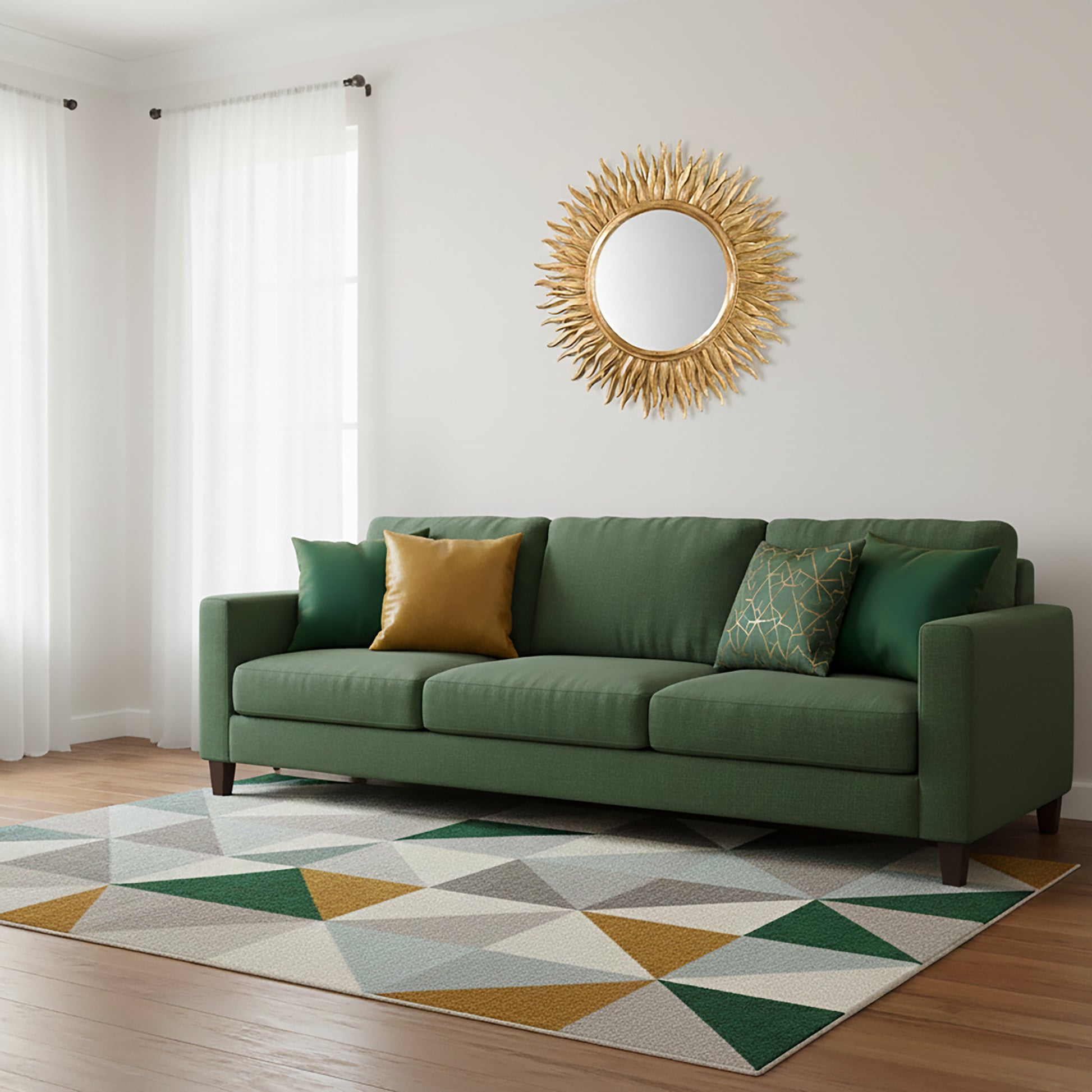 Green sofa with decorative pillows in a room with a hand-carved gold-leaf mirror and geometric rug.