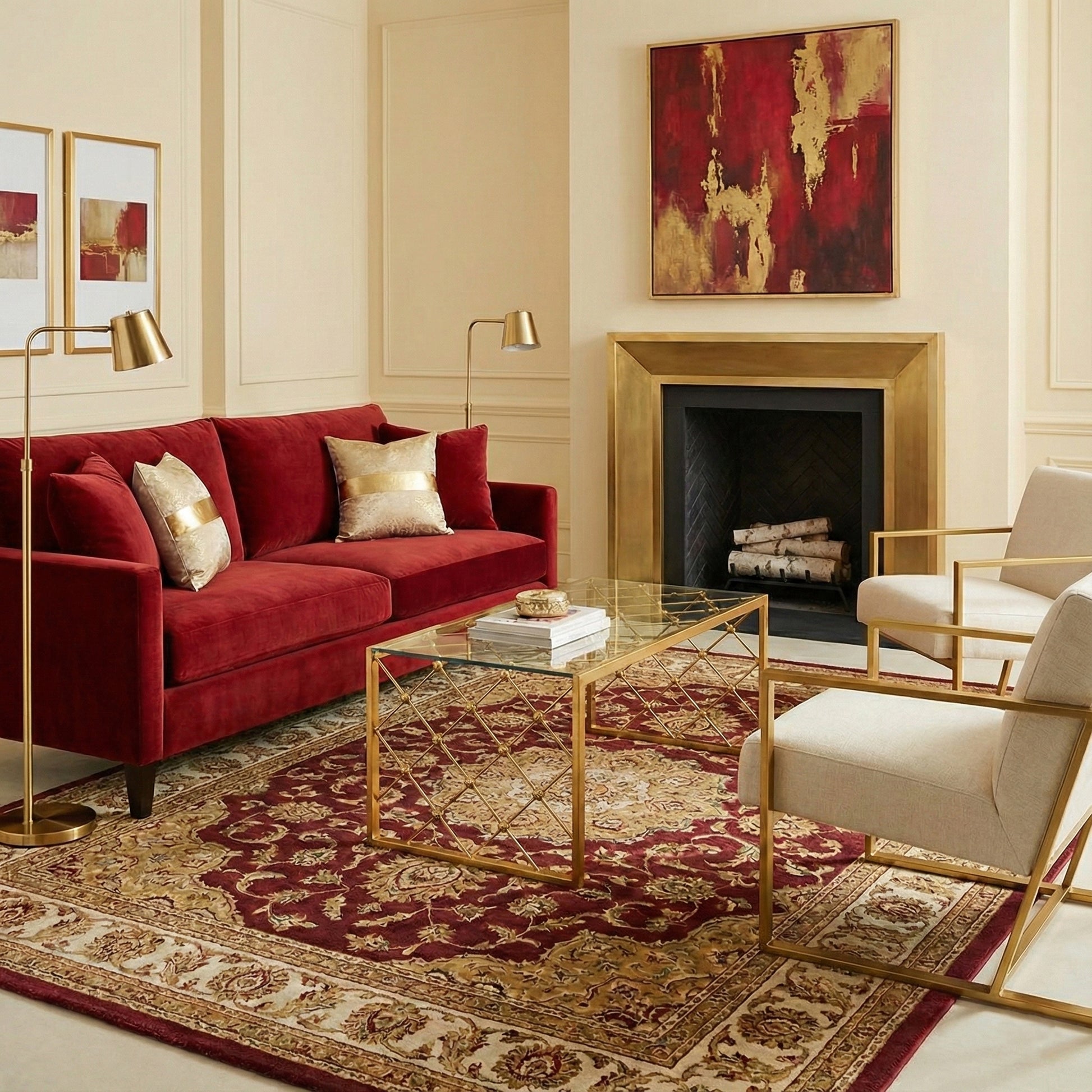 A red and gold themed living room with a handmade gold-leaf table in the middle of the room.