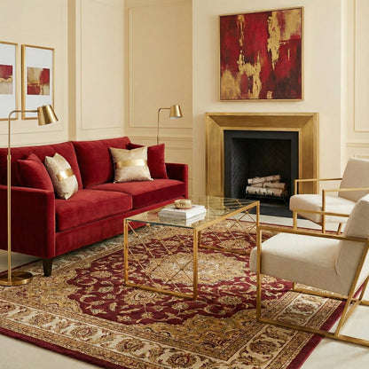 A red and gold themed living room with a handmade gold-leaf table in the middle of the room.