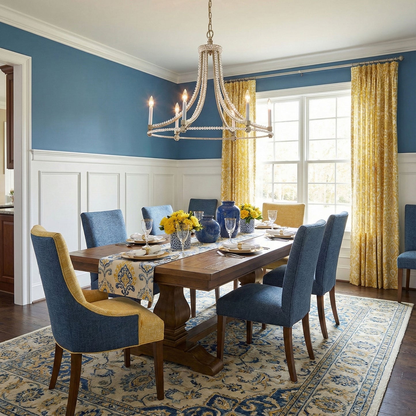 Dining room with wooden table and blue chairs, featuring a handmade silver chandelier and large windows.