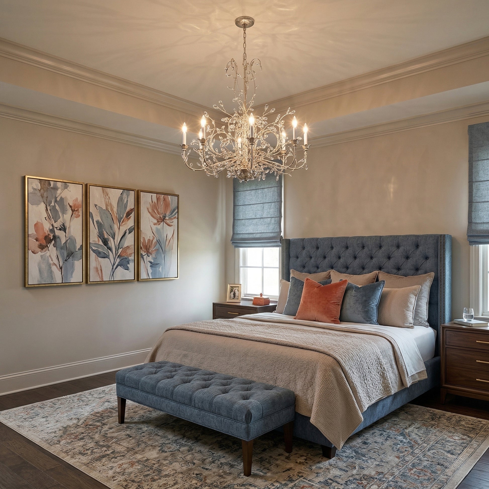 A handmade silver chandelier in a bedroom.