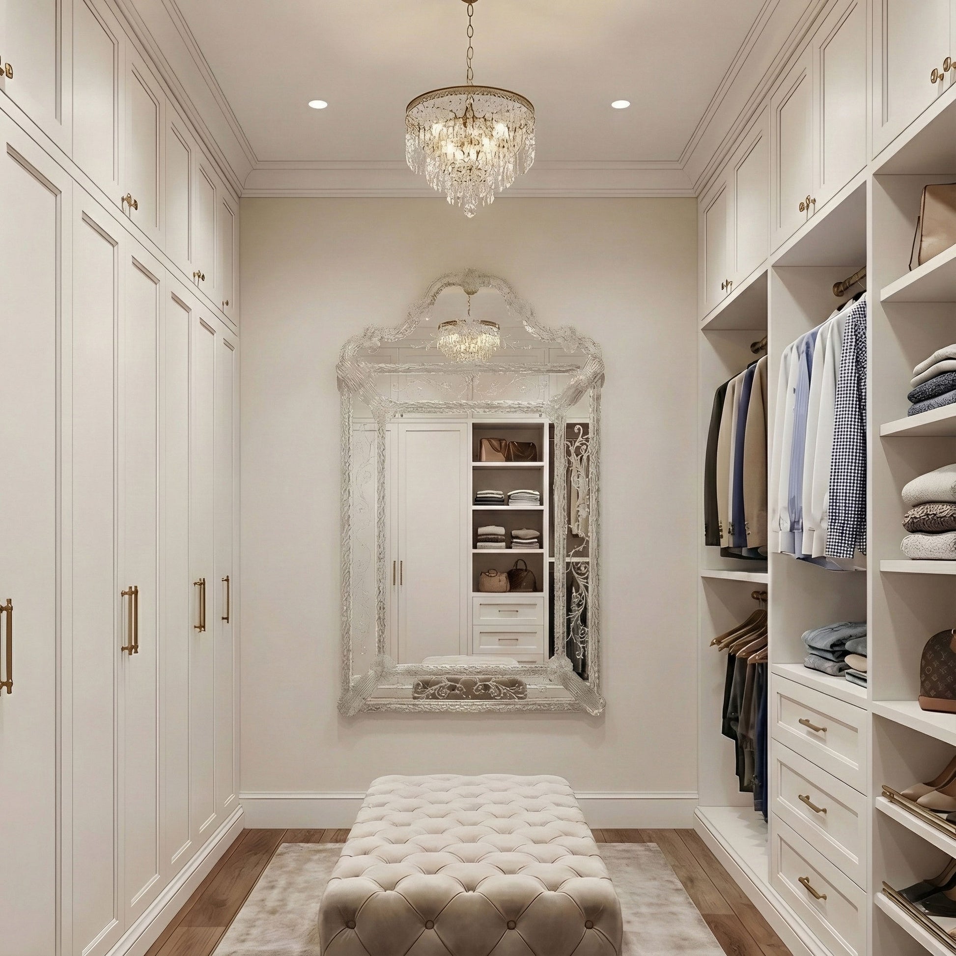 A silver Murano glass mirror in a walk-in closet with a chandelier hanging above it.
