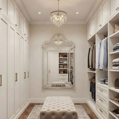 A silver Murano glass mirror in a walk-in closet with a chandelier hanging above it.