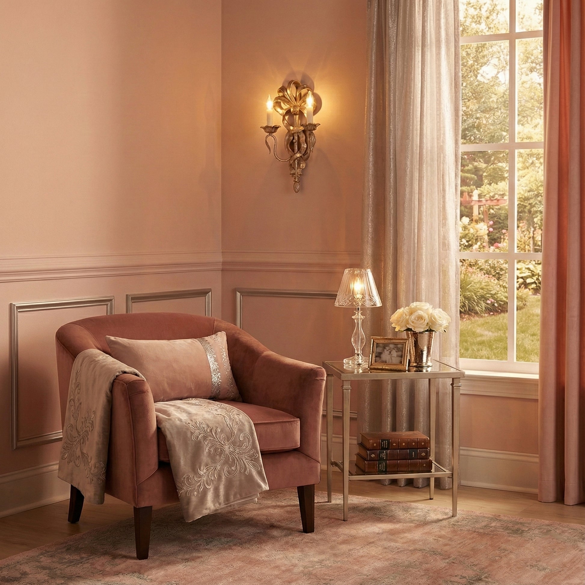 Cozy living room with a plush armchair, side table, and an antique silver-leaf sconce.