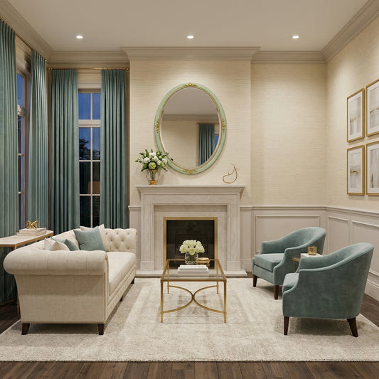 A handmade green & gold leaf mirror in a living room setting.