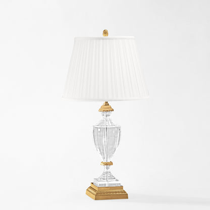 Antique brass and crystal table lamp with pleated shade.
