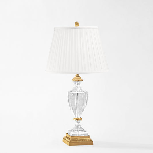 Antique brass and crystal table lamp with pleated shade.