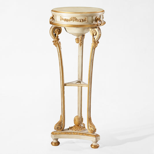 Traditional white and gold wooden pedestal with intricate carved design.