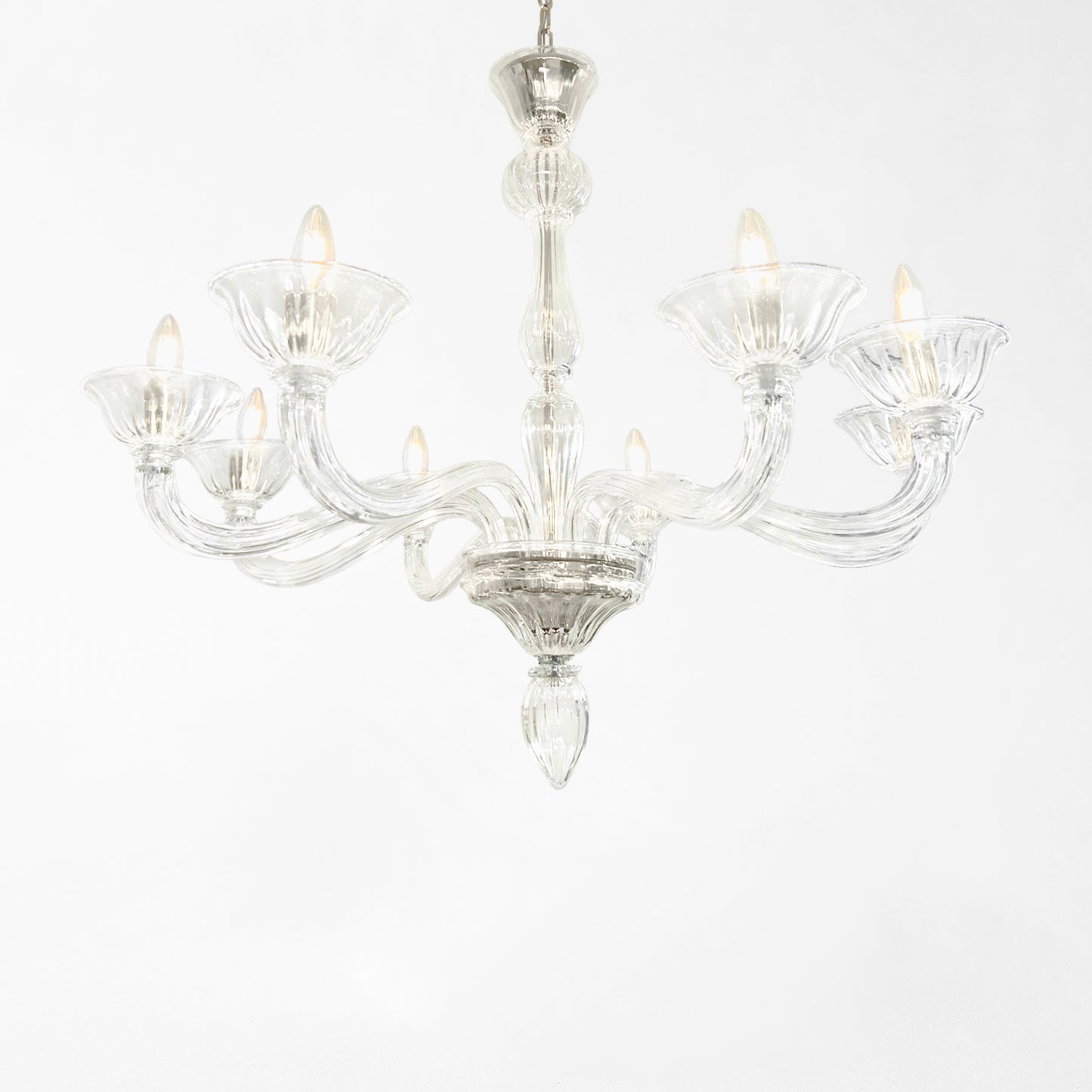 Clear Murano glass chandelier with nickel hardware.