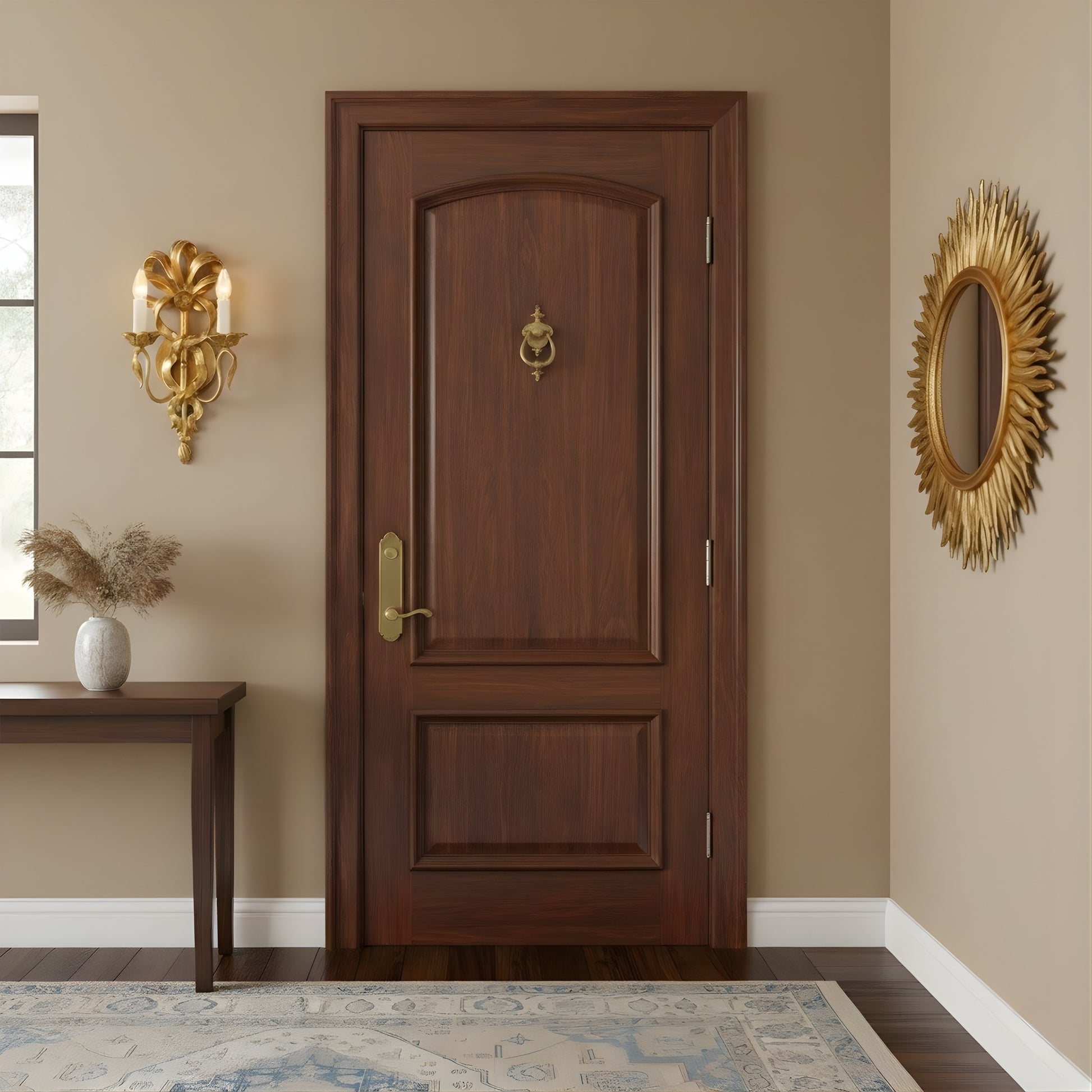 Gold Italian mirror in a foyer with an ornate gold sconce.
