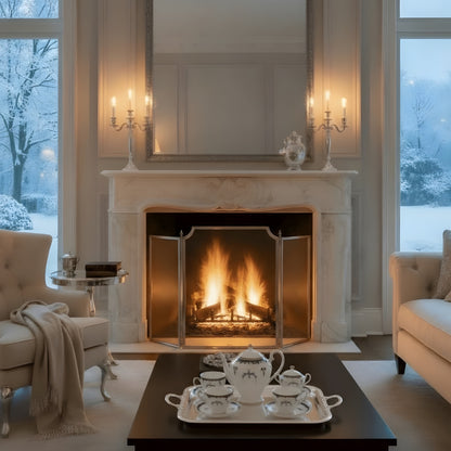 Handmade Fireplace screen in a living room with snow outside.