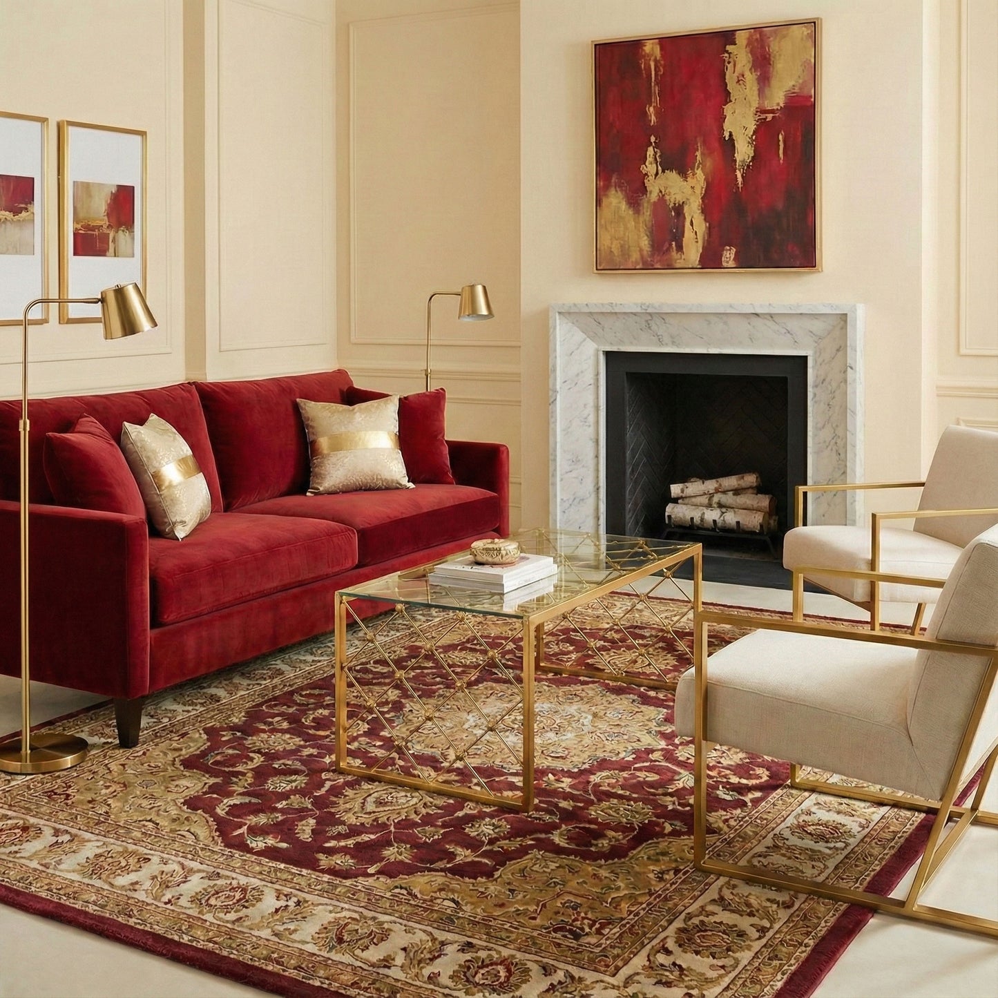 Luxury living room with a red sofa, a gold Italian table, a marble fireplace, fine art, and brass lamps.