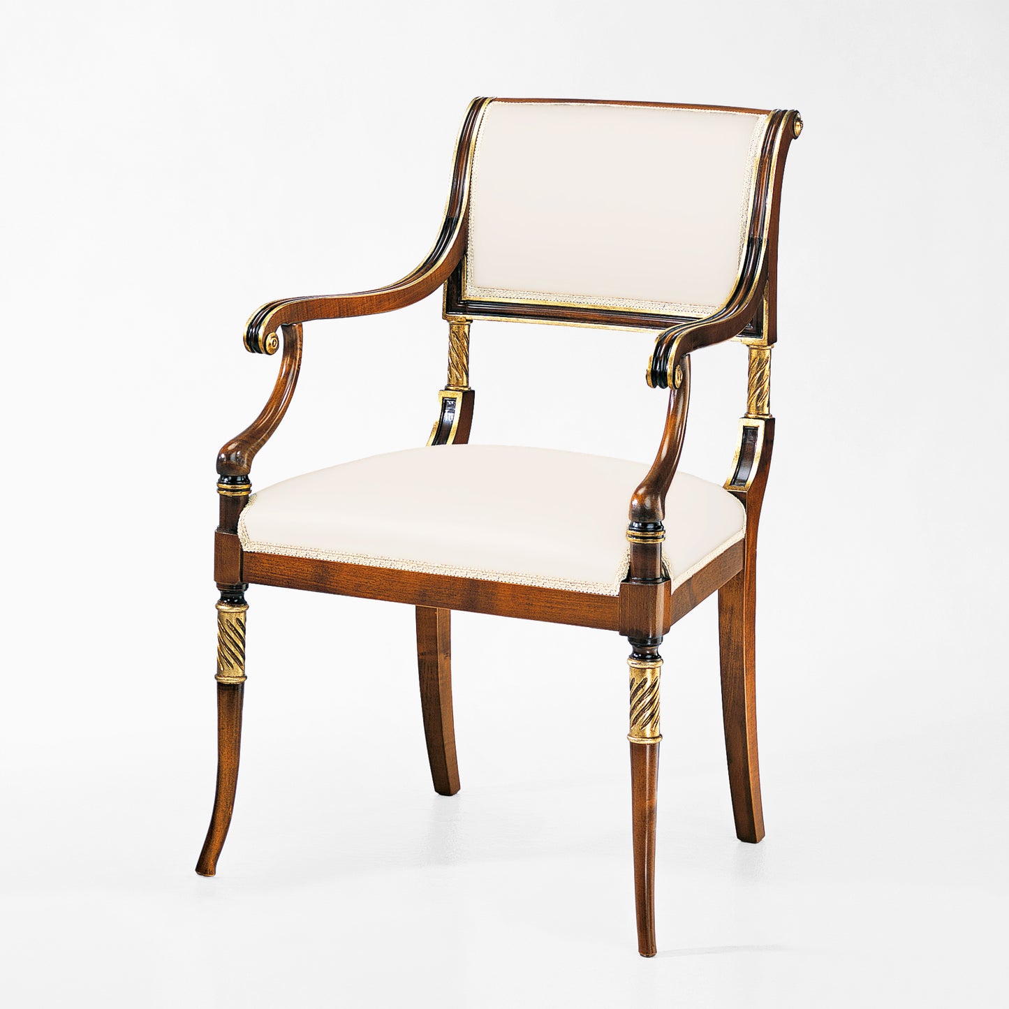 Italian brown and gold chair with cream fabric.