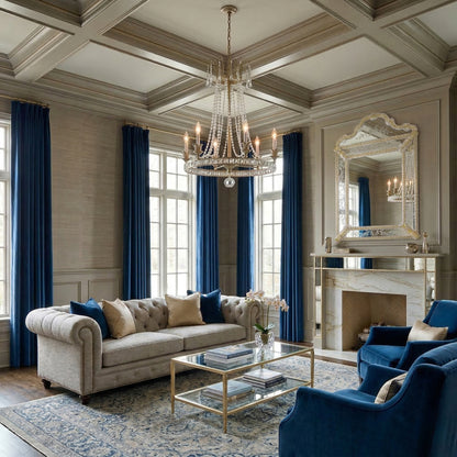 Italian crystal chandelier with silver leaf trim in luxury living room with gold Murano glass mirror.