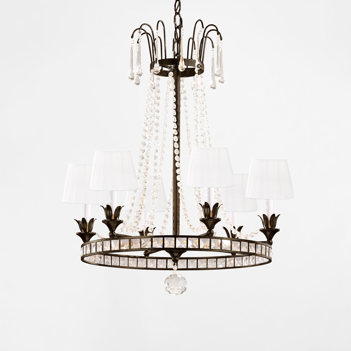 Brown Italian chandelier with antique iron trim.