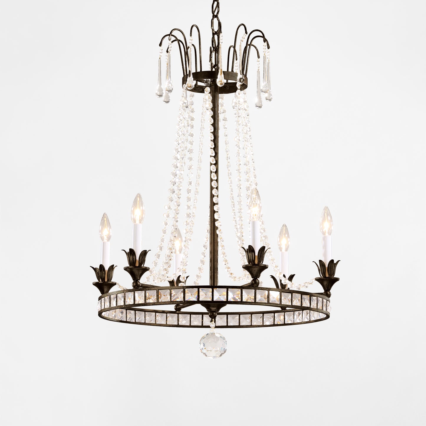 Brown Italian chandelier with antique iron trim.