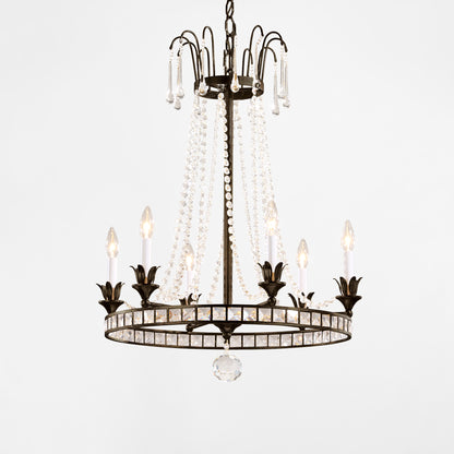 Brown Italian chandelier with antique iron trim.