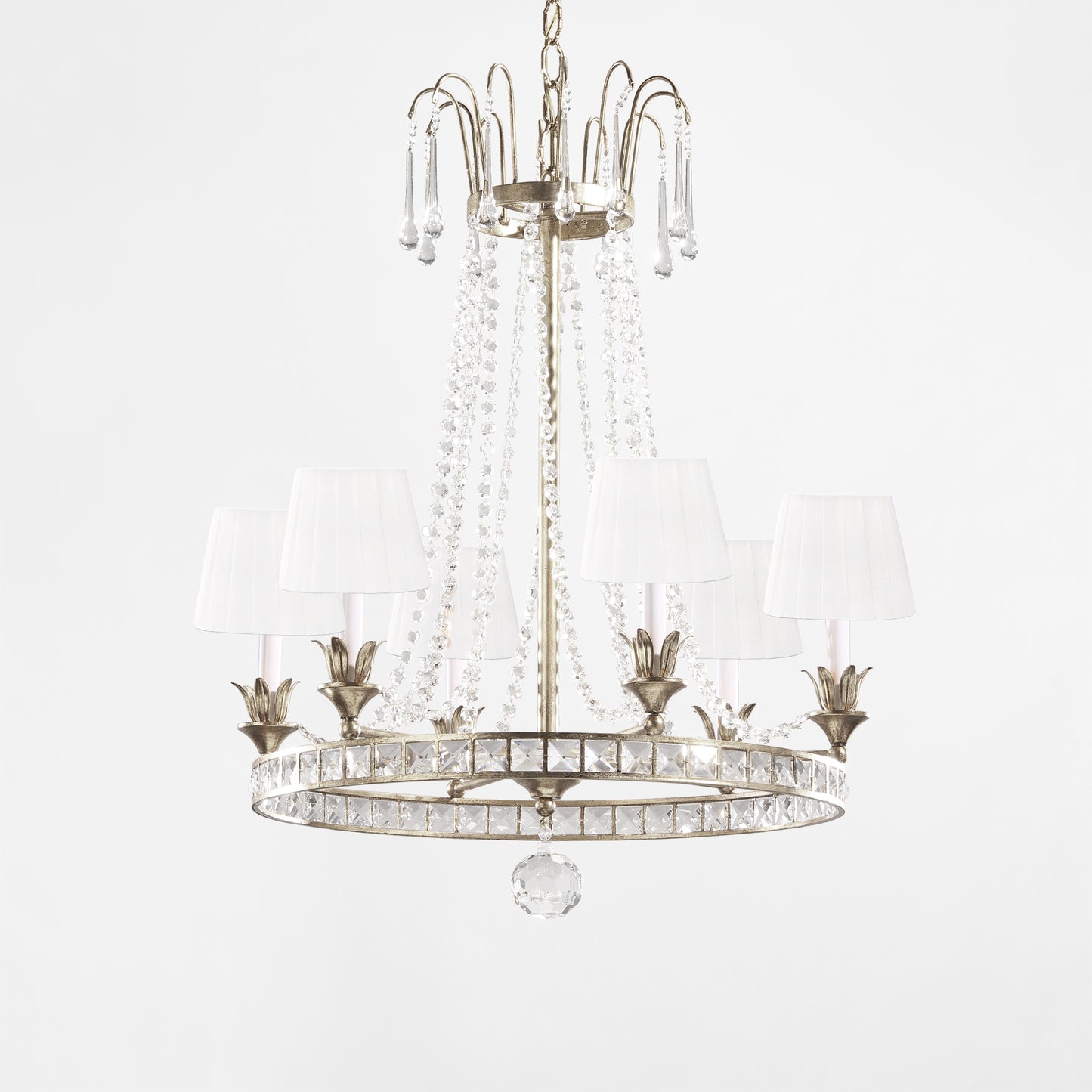 Luxurious Italian chandelier with silver details and white pleated shades.