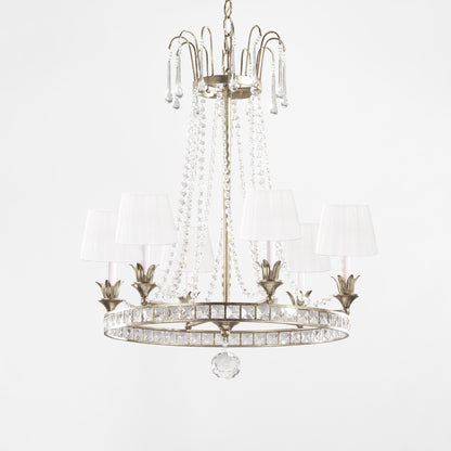 Luxurious Italian chandelier with silver details and white pleated shades.