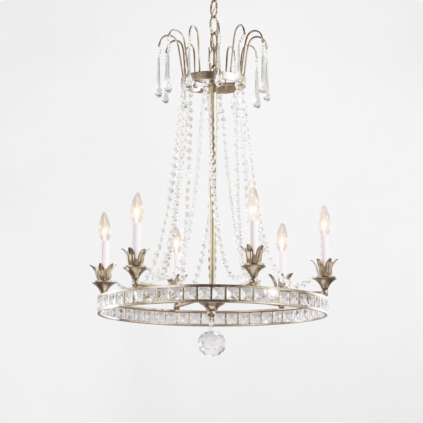 Silver Italian chandelier with crystals.
