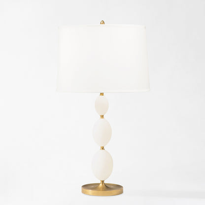 Antique brass and alabaster table lamp with white lamp shade.
