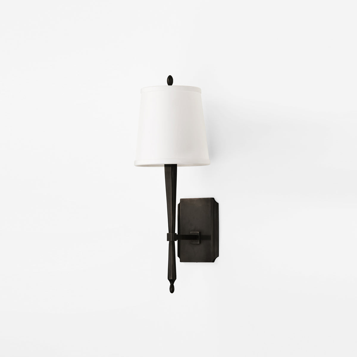 Luxury black sconce with white shade.