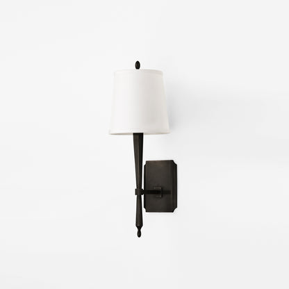 Luxury black sconce with white shade.