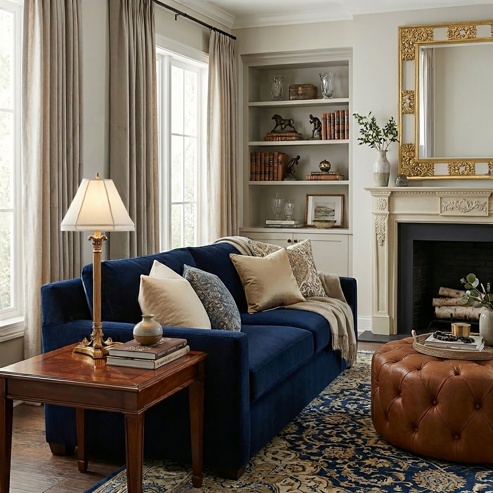 Antique brass table lamp in luxurious living room with Italian mirror and traditional rug.