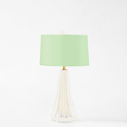 White Murano glass table lamp with light green lamp shade.