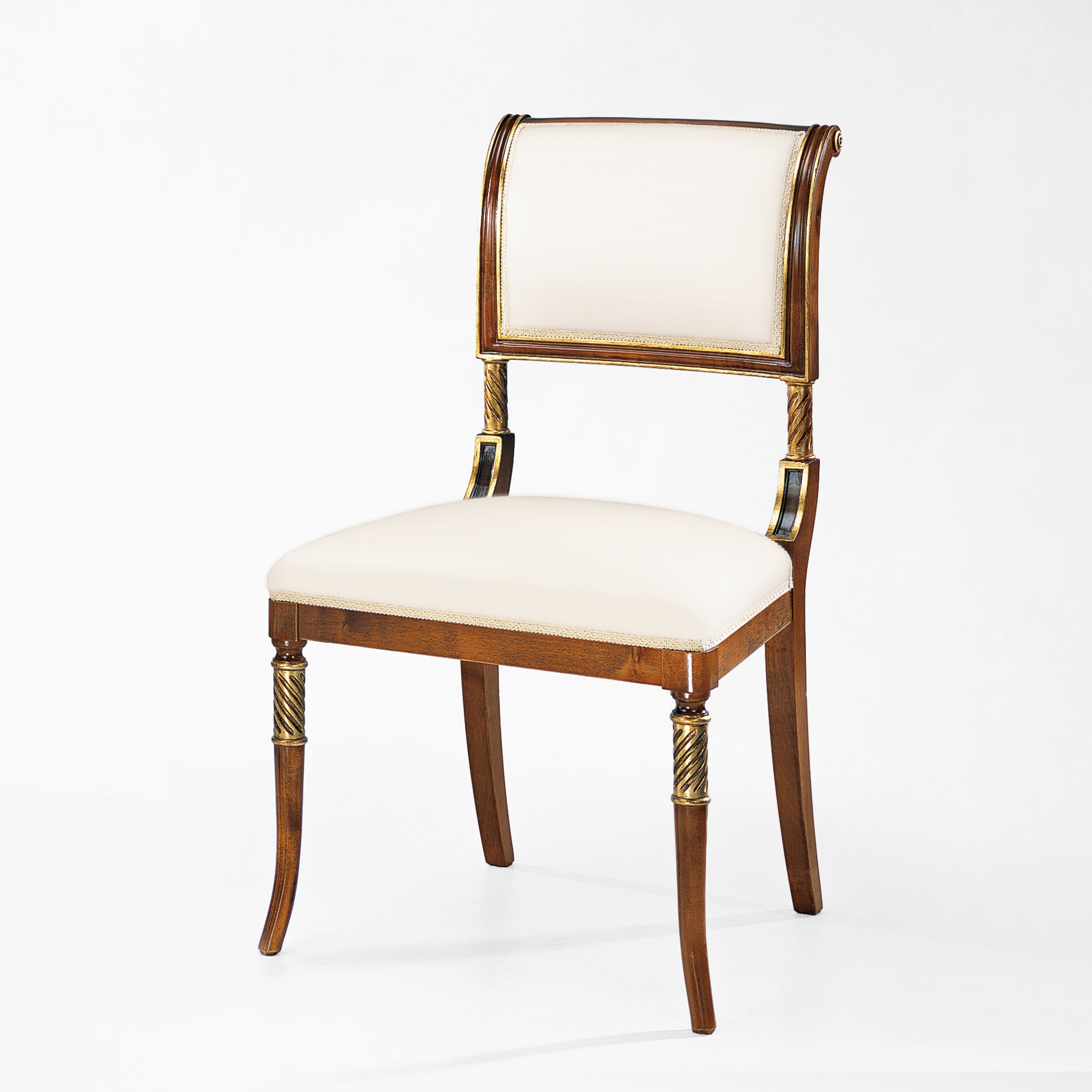 Italian brown and gold chair with cream fabric.